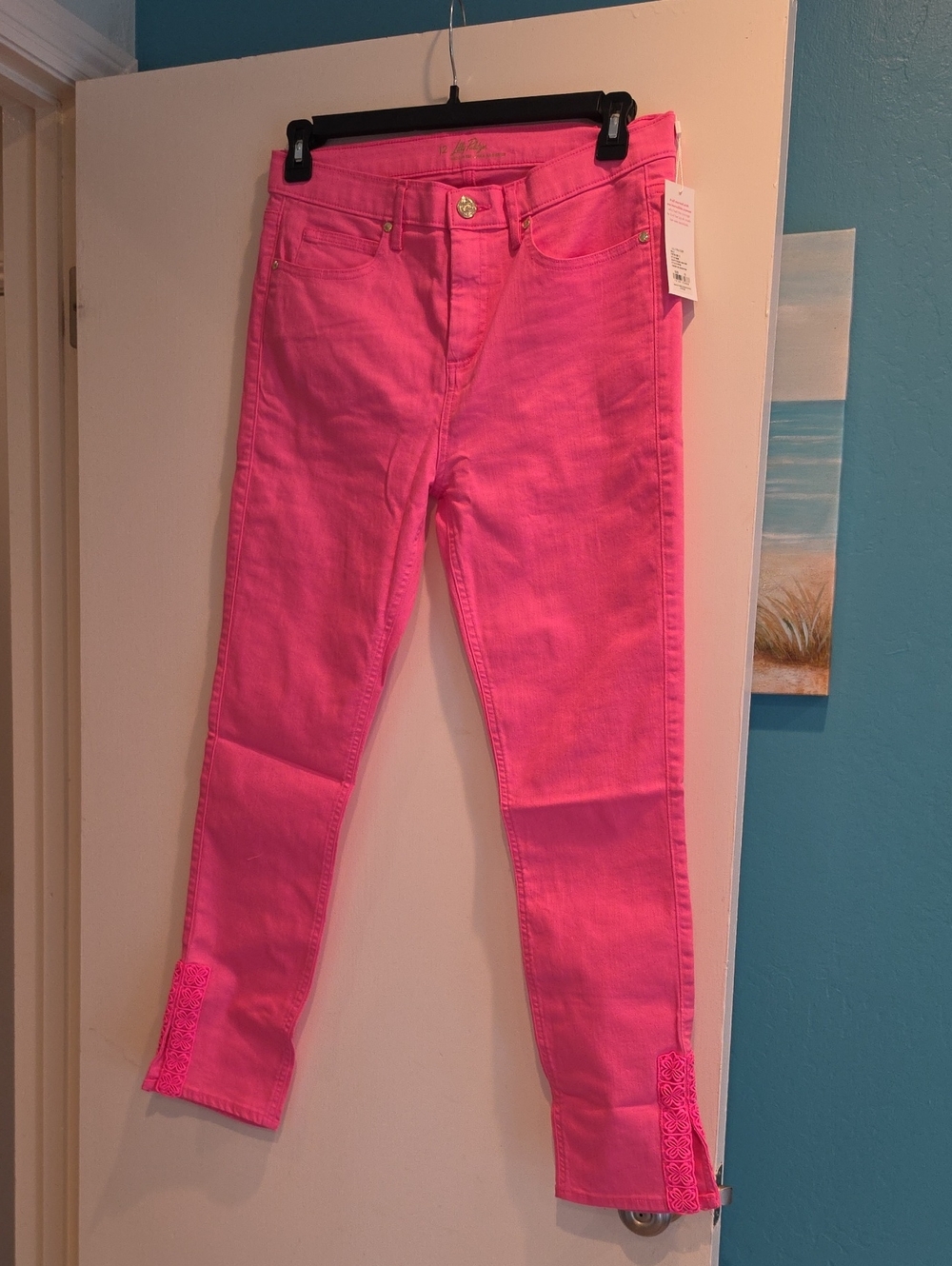 Lilly Pulitzer Hot Pink Stretch Jeans with Lace Ankle Detail